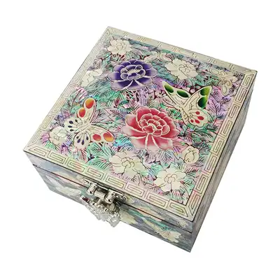 透彫四角螺鈿漆器ジュエリーボックス 牡丹 赤