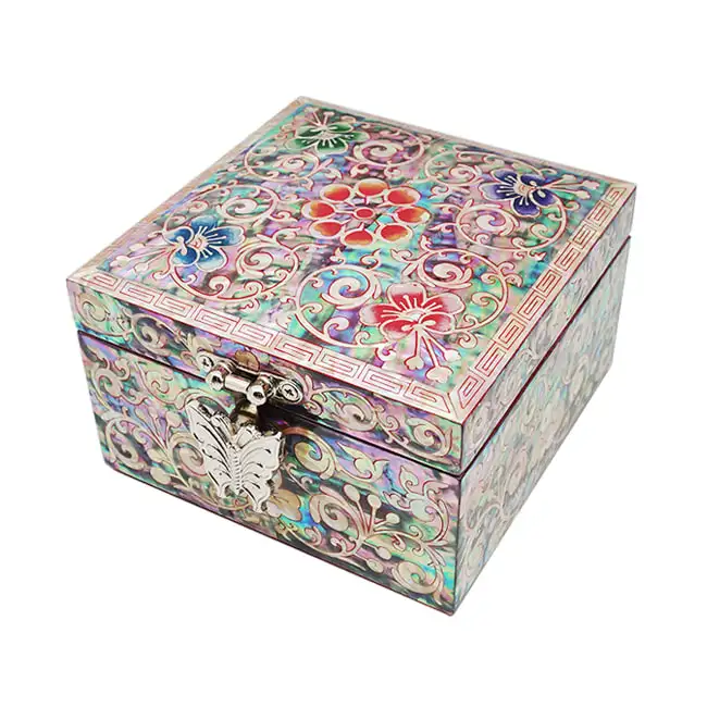 Openwork Square Mother-of-Pearl Lacquer Jewelry Box with Scroll Pattern in Red