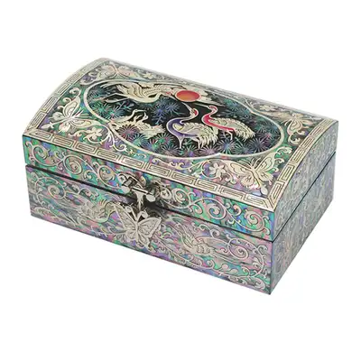 Small Mother-of-Pearl Lacquerware Jewelry Box with Crane Pattern in Black
