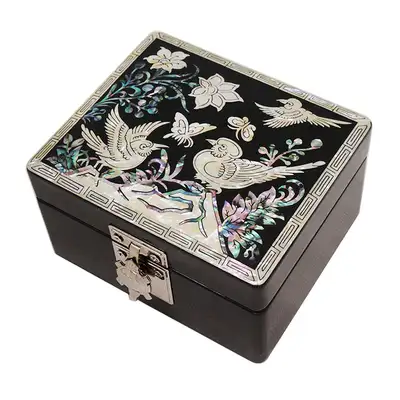 Lacquerware Turtle-Shaped Jewelry Box with Floral Birds in Black