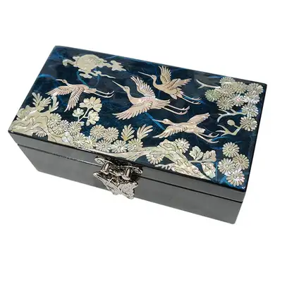 Mother-of-Pearl Inlaid Jewelry Box - Cranes and Pine (Blue)