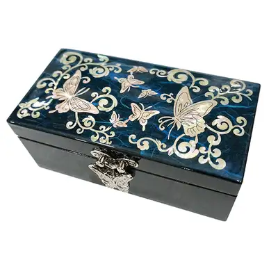 Mother-of-pearl Lacquer Cylindrical Jewelry Box - Butterfly (Blue)
