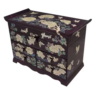 Hanji Scholar 4-Drawer Mother-of-Pearl Lacquer Jewelry Box with Peony Pattern