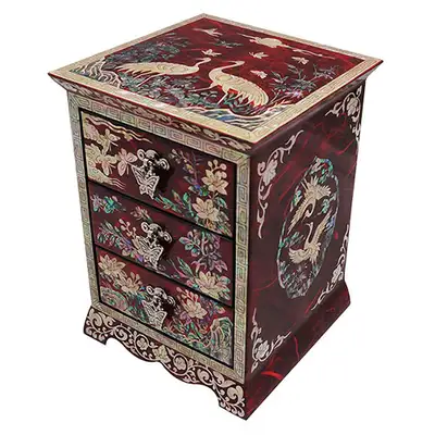 斜纹三层抽屉松鹤珠宝盒（红色）