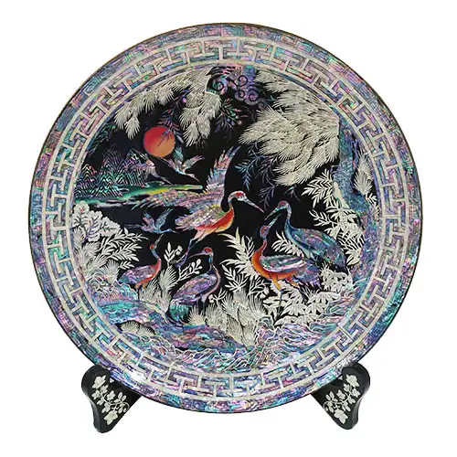Round Tray Large Pine and Crane Black