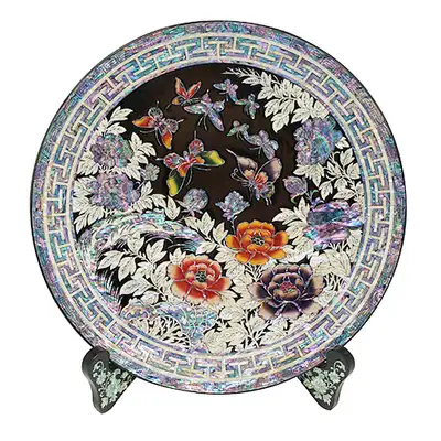 螺鈿漆器 丸盆 大 牡丹 黒