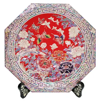 八角盆 大 牡丹 赤