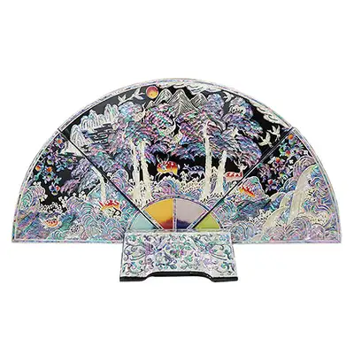 【文化財復元品】団扇屏風 小 十長生 黒