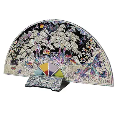 [文化財再現品]扇子屏風 中 十長生 黒
