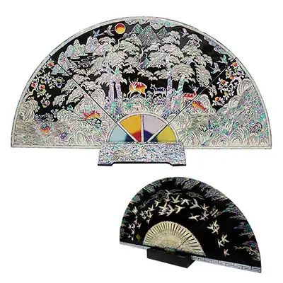 【文化財復元品】扇屏風 大 十長生 黒