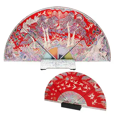 [文化遗产复现品]扇形屏风 大 十长生 赤