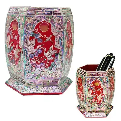 Premium Mother-of-Pearl Hexagonal Pencil Holder with Crane and Pine Design Red