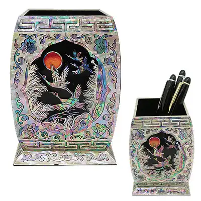 Premium Mother-of-Pearl Pencil Holder Square Cranes and Pines Black