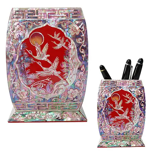 Premium Mother-of-Pearl Pencil Holder Square Pine Crane Red
