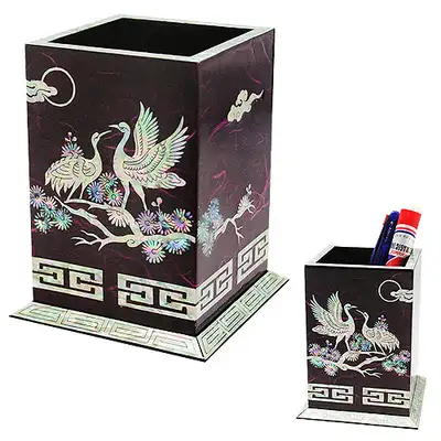螺鈿漆器 鉛筆立て 松鶴 韓紙 保