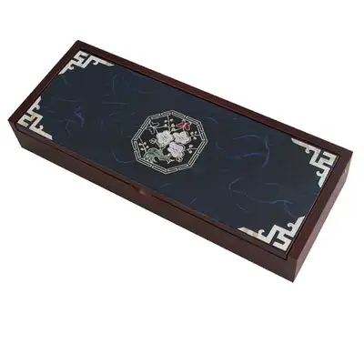 螺鈿漆器 韓紙 筆函 八角梅花 青