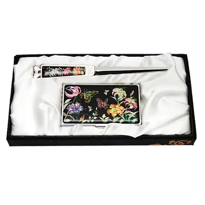 Mother-of-Pearl Business Card Case Jigal Set, 2 Types with Lily Flower Design