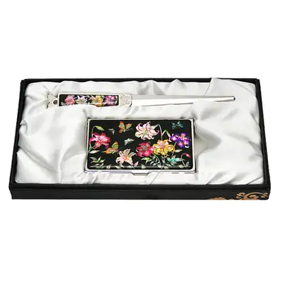 Mother-of-Pearl Business Card Case Set, 2-Piece Lily Design