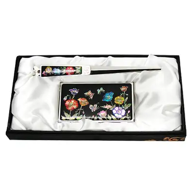 Mother-of-Pearl Business Card Case and Letter Opener Set (2-piece) - Peony Design