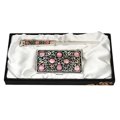 Mother-of-Pearl Business Card Case Keychain 2-Set Chrysanthemum Scroll Pattern