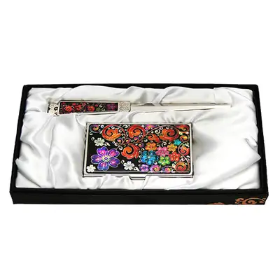 Abalone Business Card Case Jical 2-Piece Set Scrolling Plum Blossom