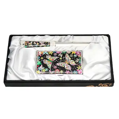 Mother-of-Pearl Business Card Case and Letter Opener Set 2-Piece Flower Butterfly1 Black