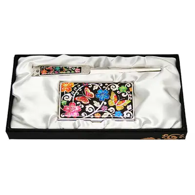 Mother-of-Pearl Business Card Case Nail File Set - Plum Butterfly 2