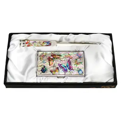 Mother-of-Pearl Business Card Case Jigal 2-Piece Set Colored Butterfly White