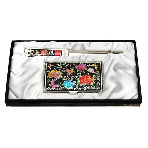 Mother-of-Pearl Business Card Case Jigal 2-Piece Set Peony Butterfly Black