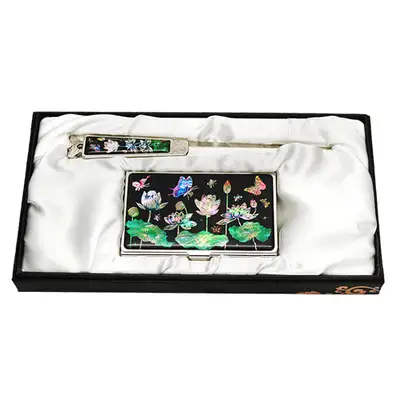 Mother-of-Pearl Business Card Case Knife 2-Set Lotus Butterfly