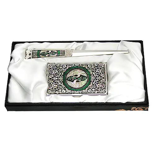 Mother-of-Pearl Business Card Case and Letter Opener Set (2 pieces) - Dual Cranes