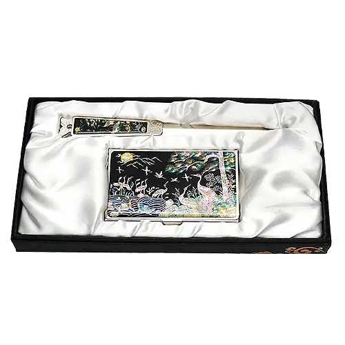 Mother-of-Pearl Business Card Case Jigal 2-Piece Set - Turtle and Crane