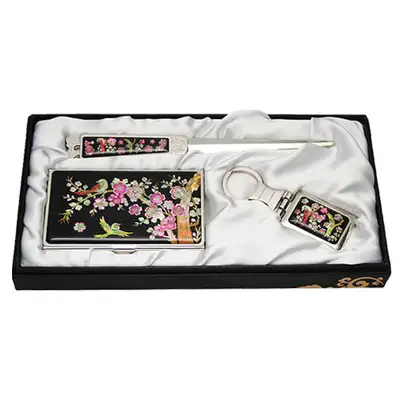 Mother-of-Pearl Business Card Case Jigal Plum Blossom 3-Piece Set