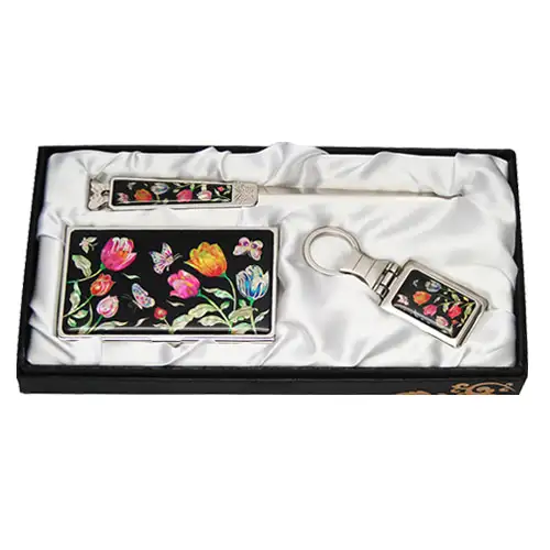 Mother-of-Pearl Business Card Case Set 3-Piece Tulip Design