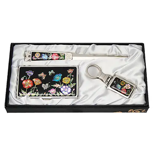 Mother-of-Pearl Business Card Case Butter Knife Set of 3 - Peony Design