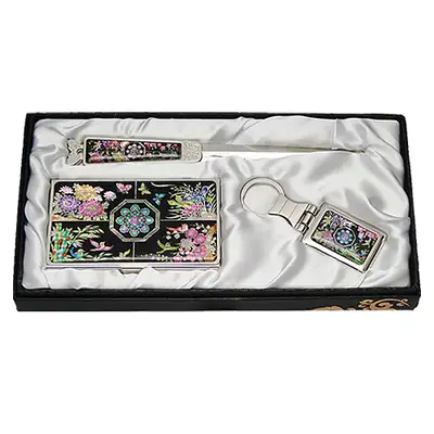 Mother-of-Pearl Business Card Case Set - Three Pieces with Four Gentlemen Flowers Design