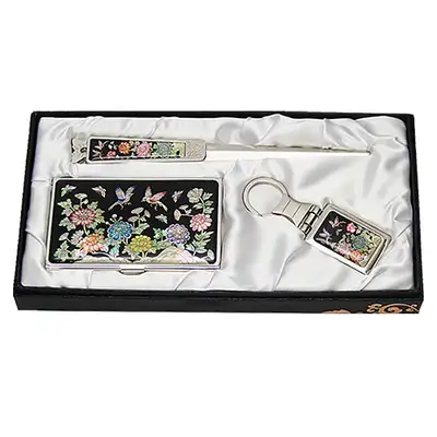 Mother-of-Pearl Business Card Case Jigal 3-Piece Set with Flowers and Birds