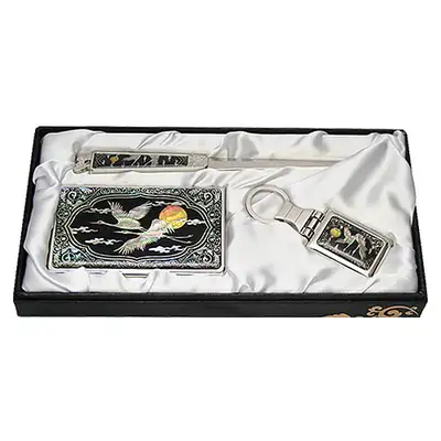 Mother-of-Pearl Business Card Case Jigal 3-Piece Set - Cloud and Crane