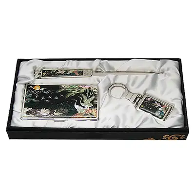 Mother-of-Pearl Business Card Case Jigal 3-Piece Set Mandarin Duck and Crane