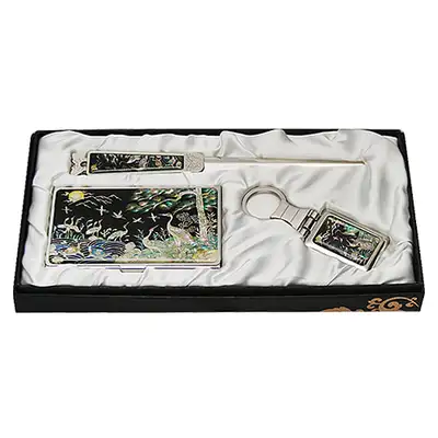 Mother-of-Pearl Business Card Case Holder 3-Piece Set - Turtle and Crane