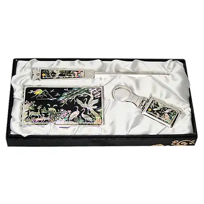 Mother-of-Pearl Business Card Case Jigal 3-Piece Set Deer and Crane
