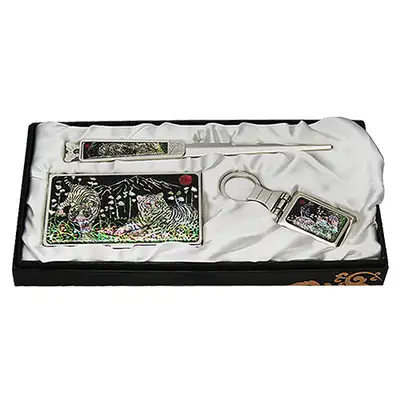 Mother-of-Pearl Business Card Case Set of 3 White Tiger Design