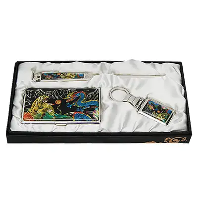 Mother-of-Pearl Business Card Case Jigal 3-Piece Set Dragon and Tiger