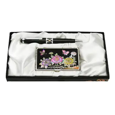 Mother-of-Pearl Ballpoint Pen & Business Card Set - Chrysanthemum