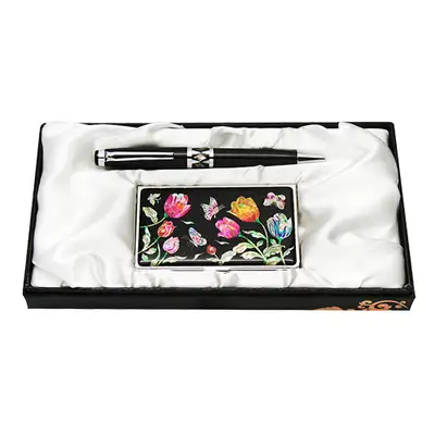 Mother-of-Pearl Ballpoint Pen and Business Card Case 2-Piece Set - Tulip