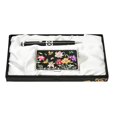 Mother-of-Pearl Ballpoint Pen & Business Card Case 2-Piece Set - Lily