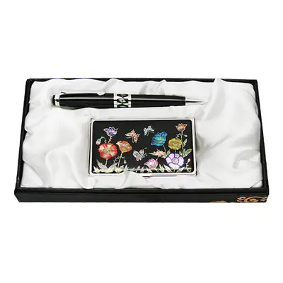 Mother-of-Pearl Ballpoint Pen and Business Card 2-Piece Set - Peonies