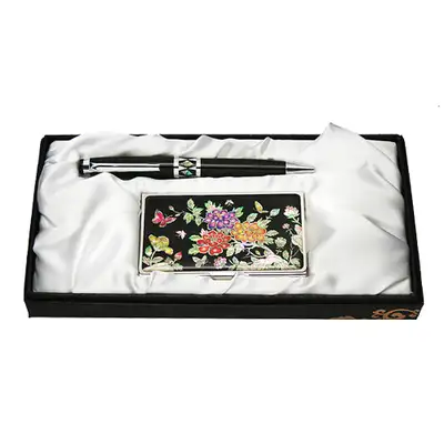 Mother-of-Pearl Ballpoint Pen and Business Card 2-Piece Set - Peony Flower