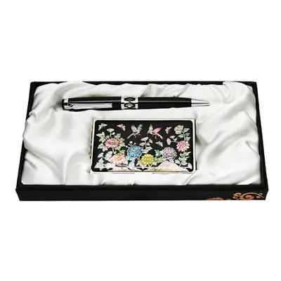 Mother-of-Pearl Ballpoint Pen and Business Card Case Set - Flowers and Birds