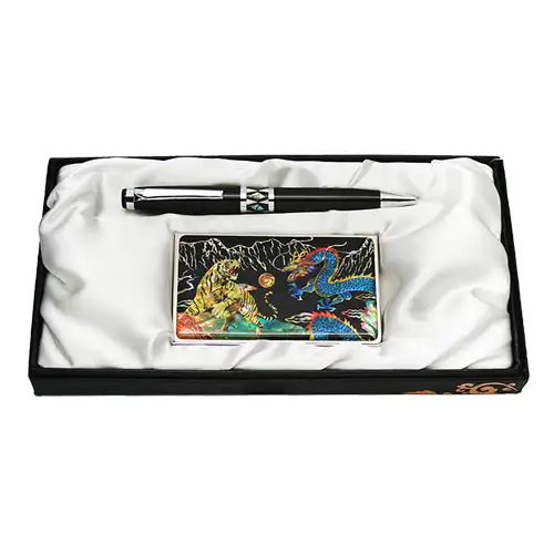 Mother-of-Pearl Ballpoint Pen and Business Card Set - Dragon and Tiger